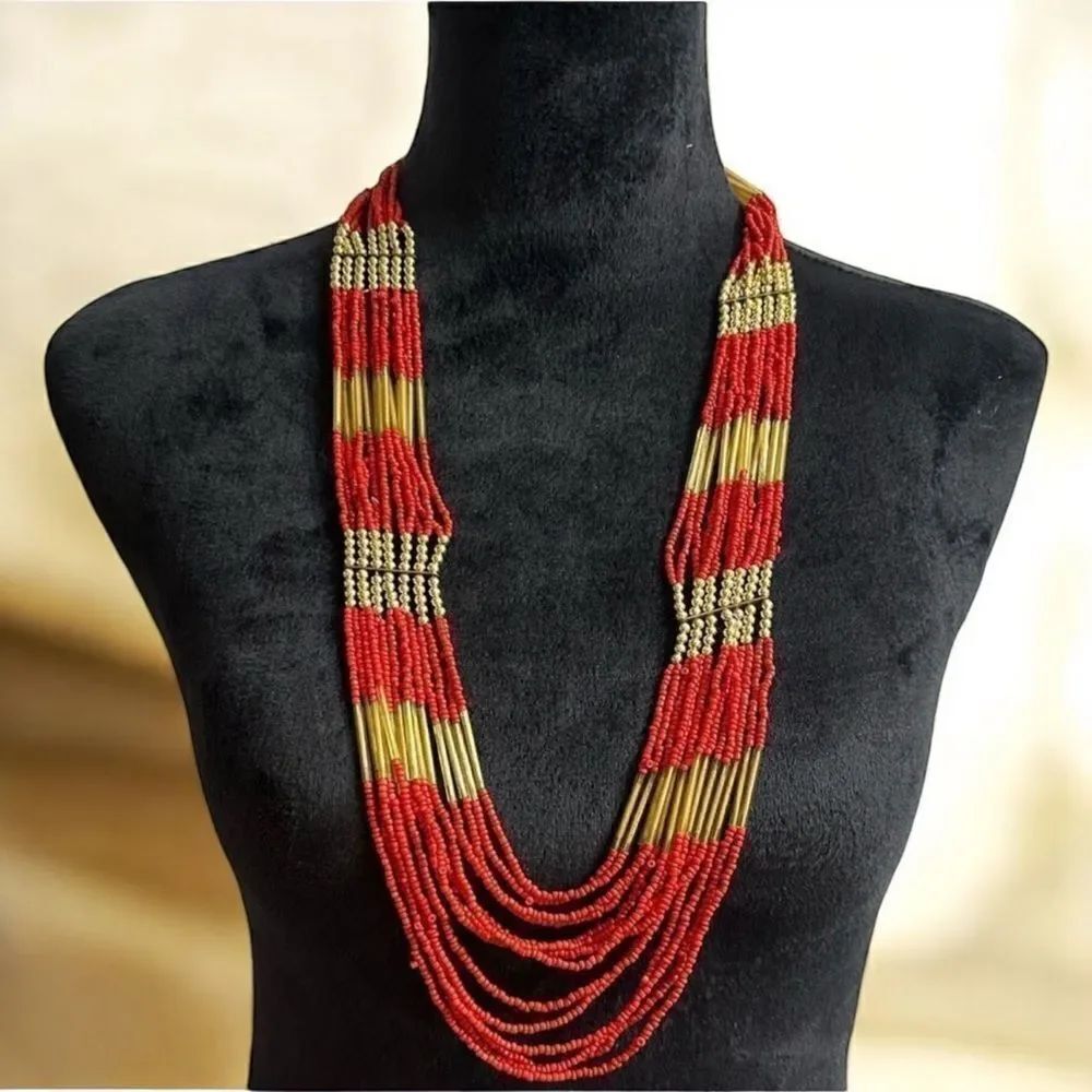 Red & Gold Multi Long strand all glass Seed XL Torsade Necklace